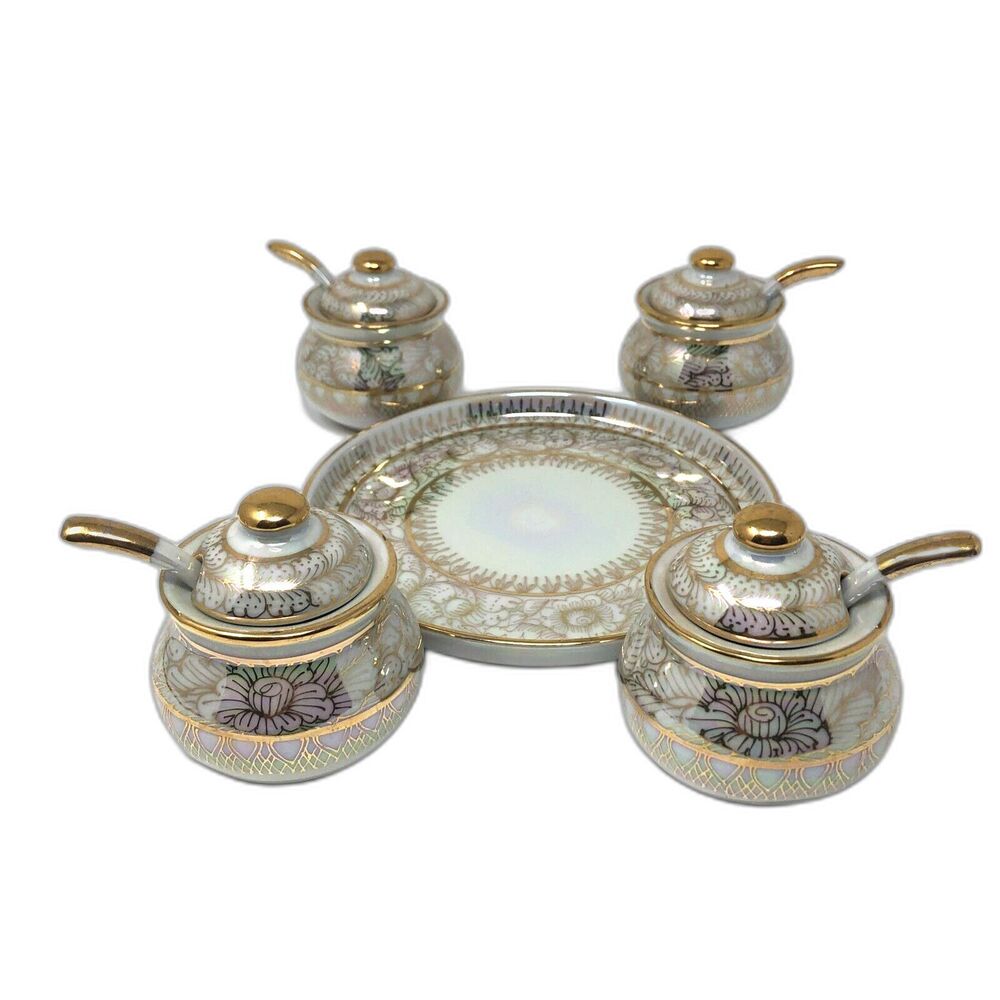 Porcelain Lusterware Serving Set VTG 4 Jam Jars w/Lids Spoons & Tray Thailand